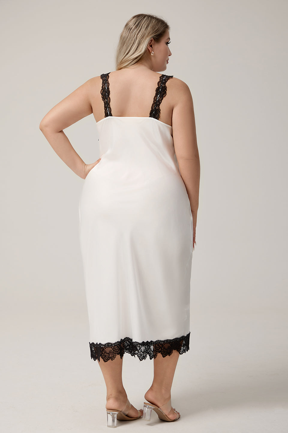 Curveins Plus Size Lace Strap Side-Slit Cami Nightdress with Lace Trim, Elegant Flirty Sleepwear