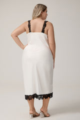 Curveins Plus Size Lace Strap Side-Slit Cami Nightdress with Lace Trim, Elegant Flirty Sleepwear