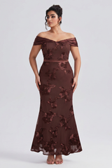 Curveins Plus Size Off Shoulder Floral Pattern Ruched Waist Bodycon Elegant Maxi Dress