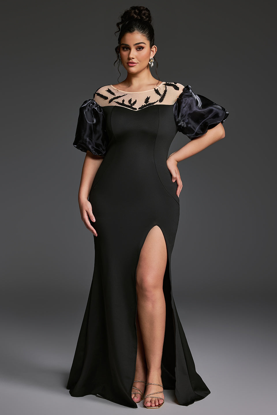 Curveins Plus Size Patchwork Round Neck Puff Sleeve Slit Bodycon Maxi Dress