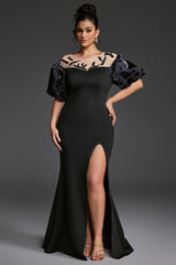 Curveins Plus Size Patchwork Round Neck Puff Sleeve Slit Bodycon Maxi Dress