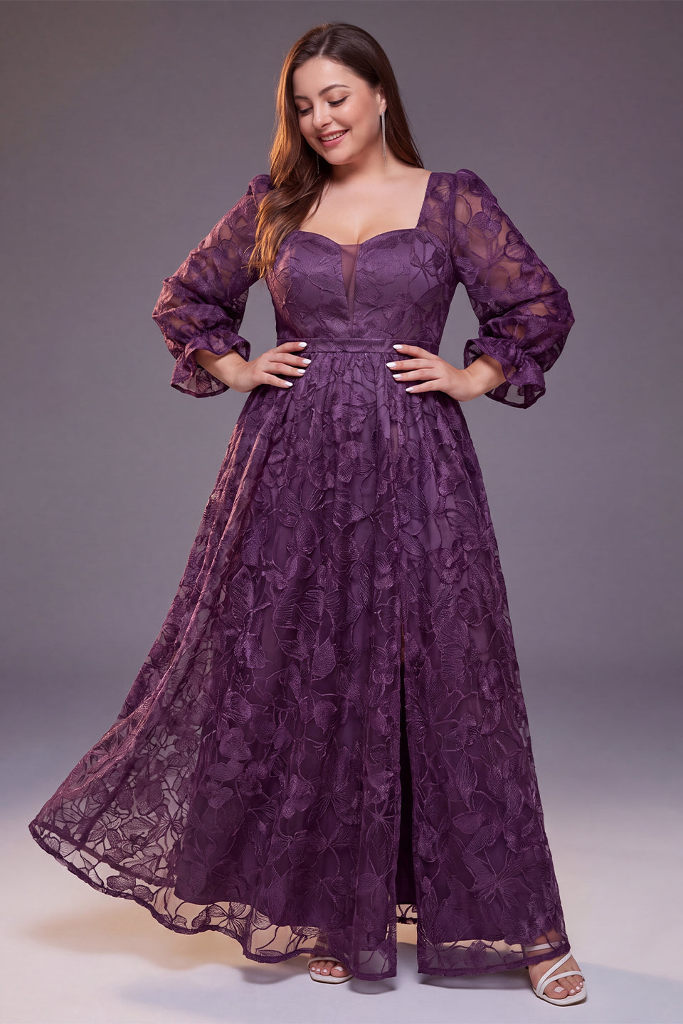 Curveins Plus Size Floral V Neck Long Sleeve Split Elegant Flowy Feminine Maxi Dress