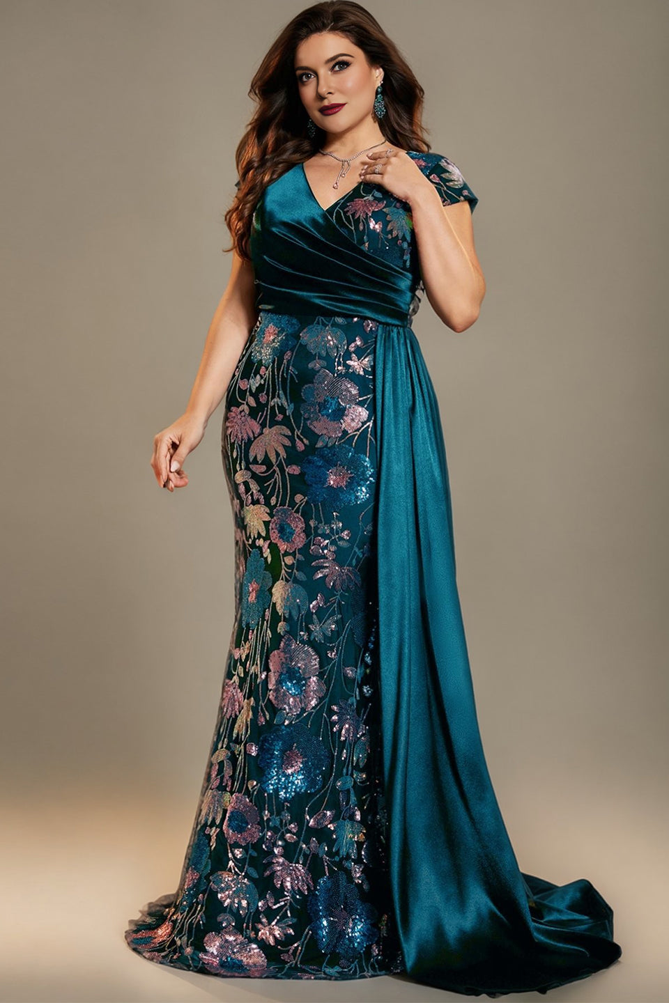 Curveins Plus Size Sparkling Sequin V-Neck Curve-Hugging Maxi Dress