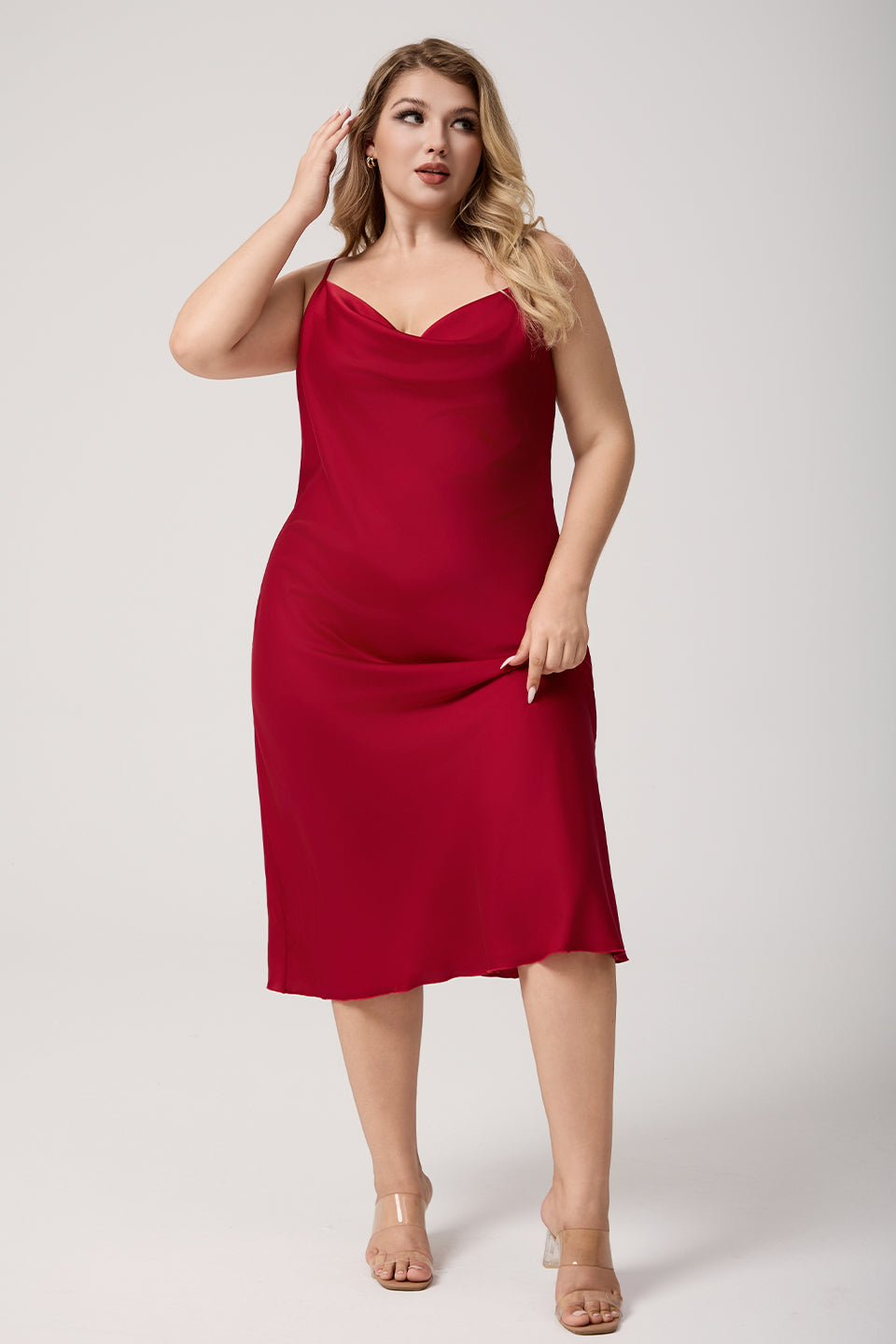 Curveins Plus Size Satin Cowl Neck Spaghetti Strap Loose Fit Sleep Dress
