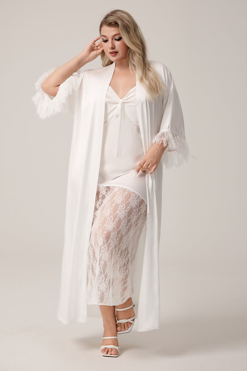 Curveins Plus Size Long Satin Chiffon Feather Sleeve Relaxed Fit Robe Sleepwear