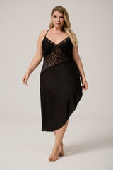 Curveins Plus Size Spaghetti Strap Sleepwear with Lace Top and Slanted Hem, Chic Feminine Nightwear