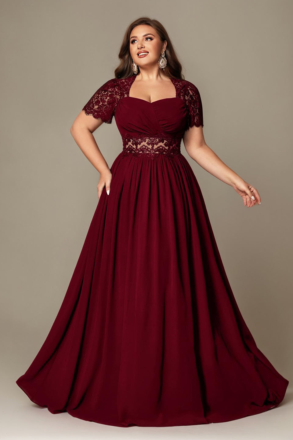Curveins Plus Size Strapless Embroidered Short Sleeve Waist Cinch A-Line Maxi Dress