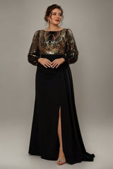Curveins Plus Size Sequin-Panel Long Sleeve Waist-Defined Maxi Dress