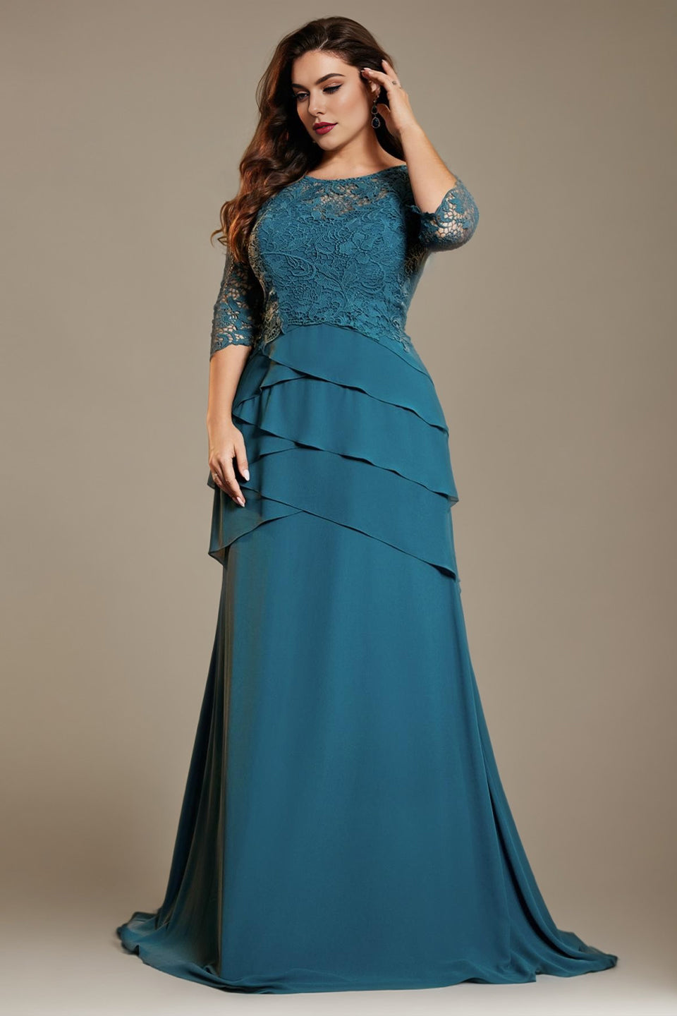 Curveins Plus Size Round Neck Embroidered Bodice Waist-Defined Maxi Dress