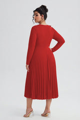 Curveins Plus Size Round-Neck Ruffled Long-Sleeve Elegant Pleated Maxi Dress