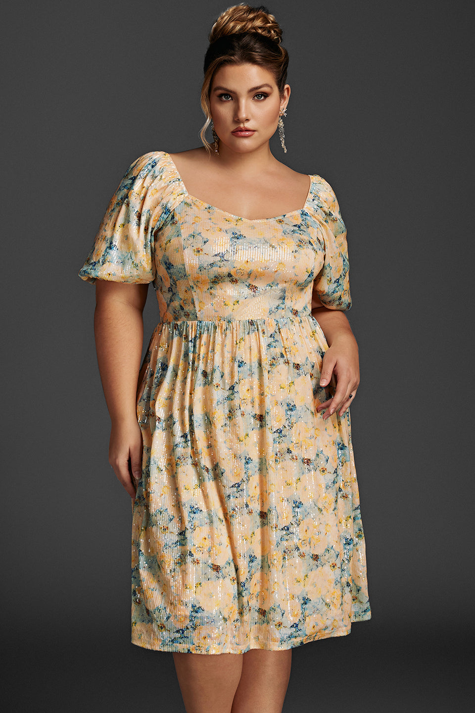 Curveins Plus Size Lantern Sleeve Floral Sequin Midi Dress