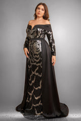 Curveins Plus Size Sparkling Sequin Off Shoulder Long Sleeve Elegant Party Maxi Dress