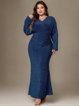 Curveins Plus Size V-Neck Long Sleeve Mermaid Hem Fishtail Maxi Dress