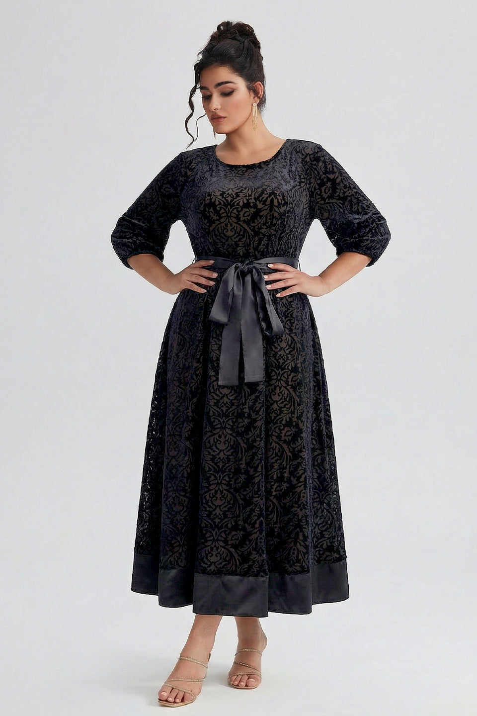 Curveins Plus Size Round Neck Floral Embroidery Belted Velvet Midi Dress