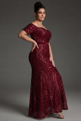 Curveins Plus Size Off-Shoulder Waist Cinched Striped Sequin Maxi Evening Dress