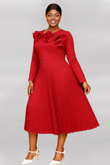 Curveins Plus Size Round-Neck Ruffled Long-Sleeve Elegant Pleated Maxi Dress