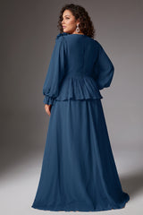Curveins Plus Size Crew Neck Puff Sleeve Faux Two Piece Panelled Maxi Dress