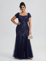 Curveins Plus Size Square Neck Short Sleeve Sequin Bodycon Maxi Dress