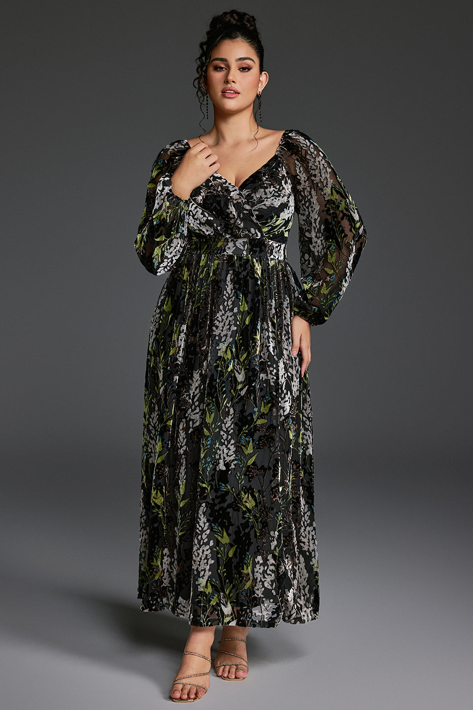 Curveins Plus Size Velvet Lantern Sleeve Plain Maxi Dress