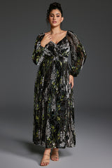 Curveins Plus Size Velvet Lantern Sleeve Plain Maxi Dress