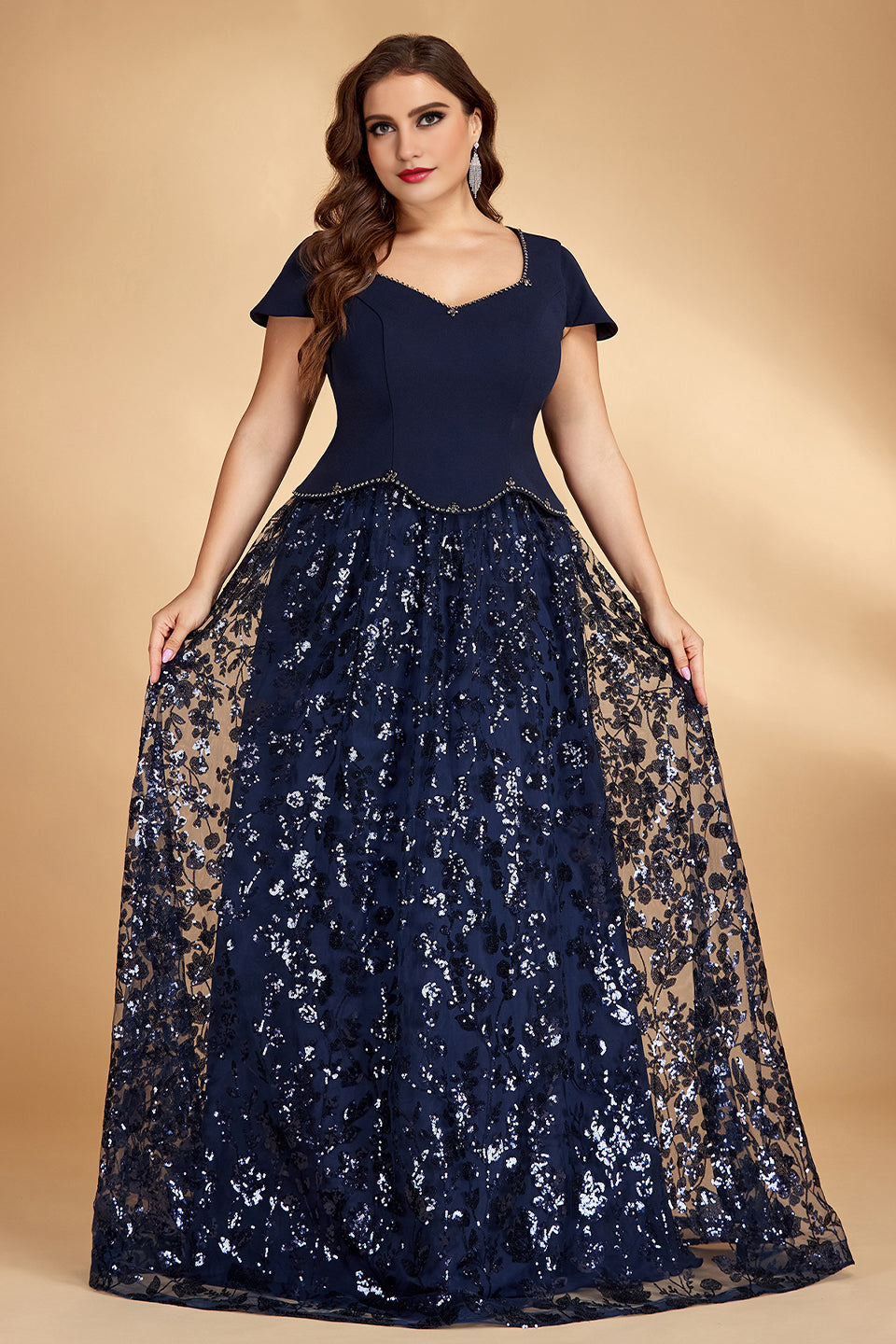 Curveins Plus Size V Neck Short Sleeve Sequin Patchwork Cinched Waist Floral Maxi Dress