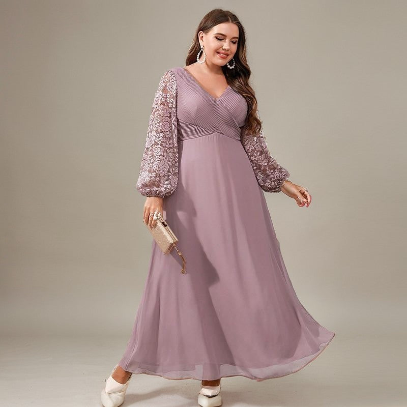 Curveins Plus Size V Neck Lantern Sleeve Sequin Evening Maxi Dress