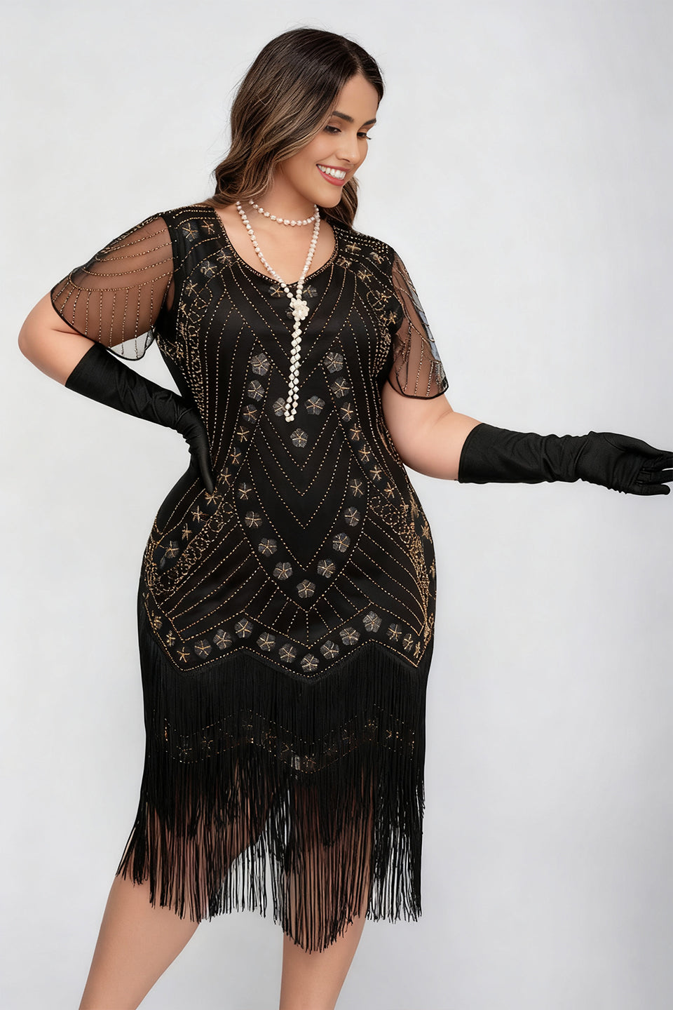 Curveins 1920s Black Stella Plus Size Sequin Fringe Flapper Gatsby Dress