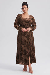 Curveins Plus Size Elegant Square Neck Long Sleeve Floral Print Velvet Split Maxi Dress