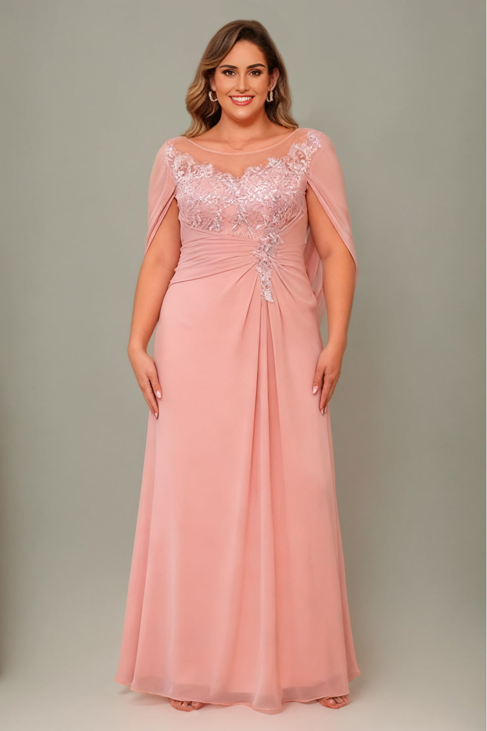 Curveins Elegant Plus Size Sheer Neck Floral Appliqué Cape Maxi Dress