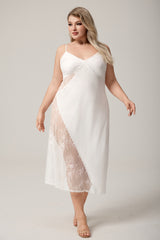 Curveins Plus Size Asymmetrical Lace Panel Sleepwear Dress, Chic Flirty Nightwear Outfit