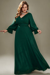 Curveins Plus Size Elegant V-Neck Lantern Sleeve Pleated-Waist Formal Gown