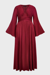 Curveins Plus Size Solid Color Long Sleeve V Neck Ruched Waist Elegant Maxi Dress
