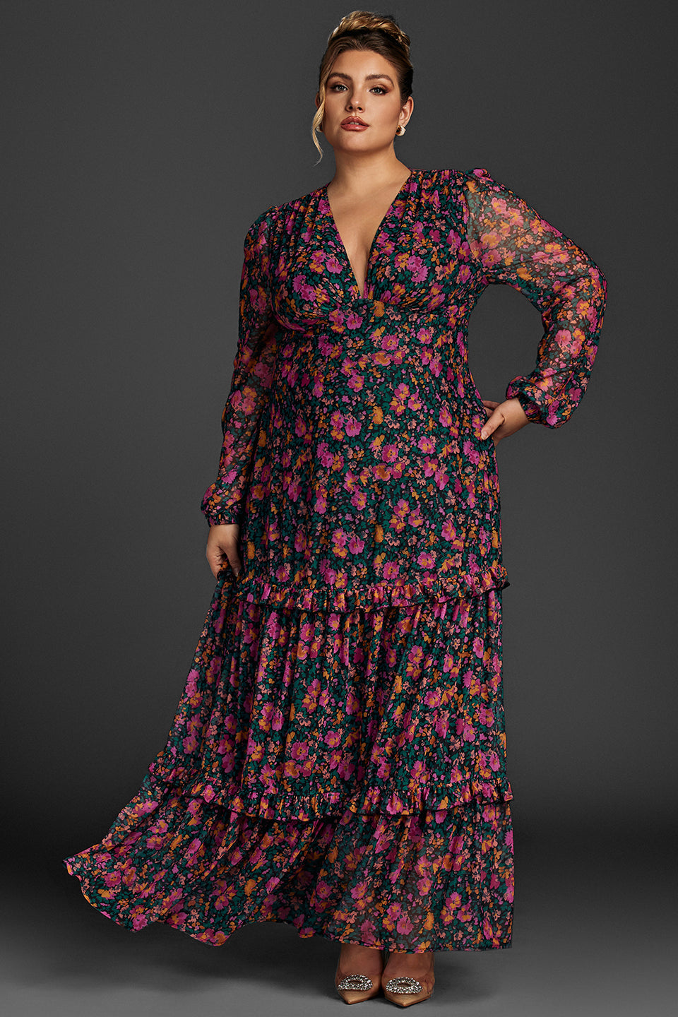 Curveins Plus Size Floral Print Lantern Sleeve Tiered Maxi Dress