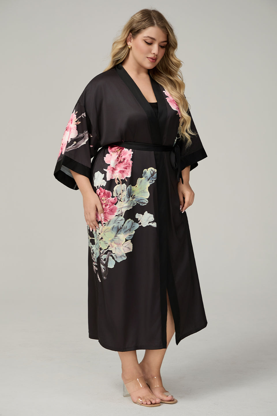 Curveins Plus Size Satin Floral Print 3/4 Sleeve Loose Pajama Set Sleepwear