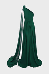Curveins Plus Size One Shoulder Ruffle Strap Ruched Waist Flowy Elegant Maxi Dress