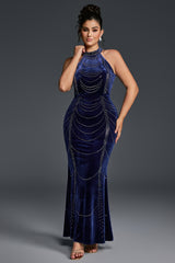 Curveins Plus Size Spaghetti Strap Sleeveless Chain Waist Bodycon Velvet Maxi Dress