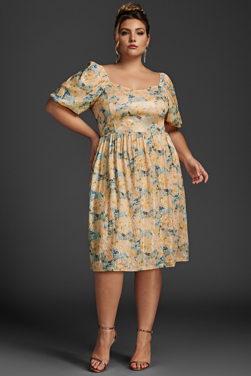 Curveins Plus Size Lantern Sleeve Floral Sequin Midi Dress