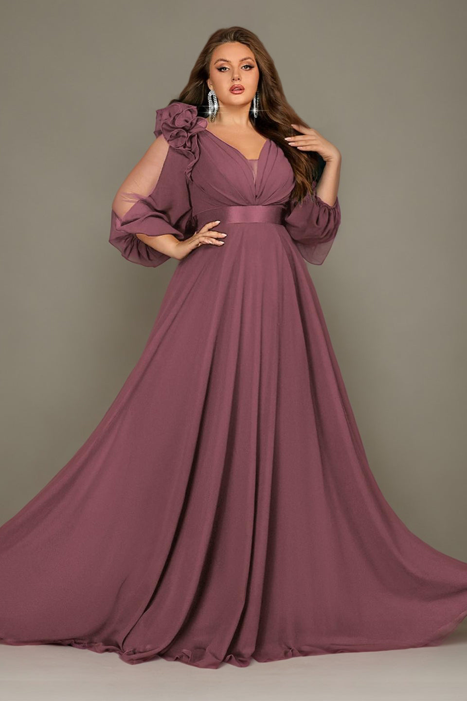 Curveins Plus Size Elegant V-Neck Batwing Sleeve Waist-Hugging Long Dress