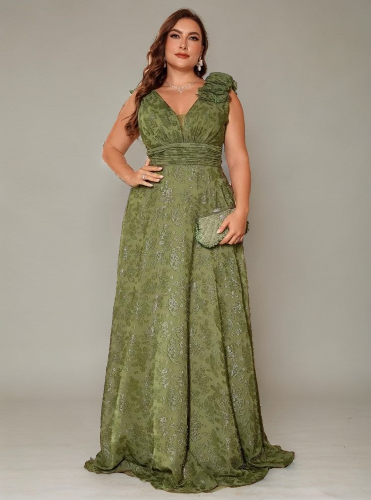 Curveins Plus Size V-Neck Sleeveless Floral Print Waist-Fitted Maxi Dress