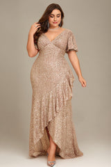 Curveins Plus Size V-Neck Short Sleeve Sequin Ruffle Slit Evening Gown