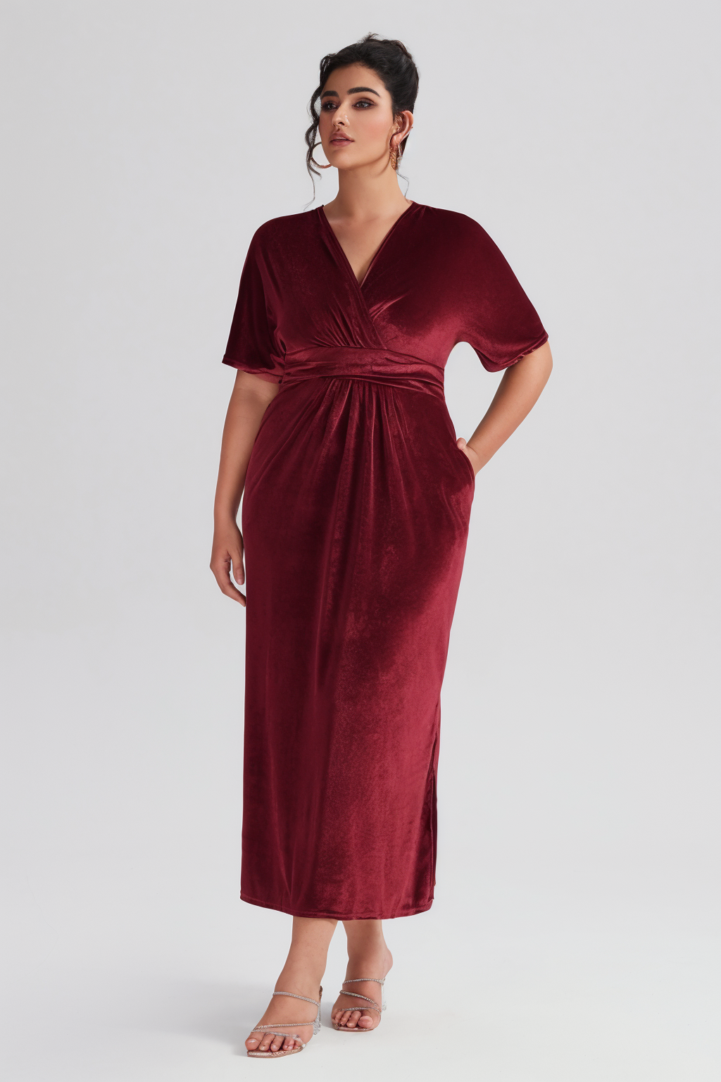 Curveins Plus Size Elegant Velvet V-Neck Shirred Maxi Dress