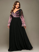 Curveins Plus Size V-Neck Floral Patchwork Maxi Dress with Flattering Flare Sleeves