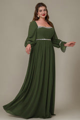 Curveins Plus Size Square Neck Long Sleeve Maxi Dress with Ruched Waist