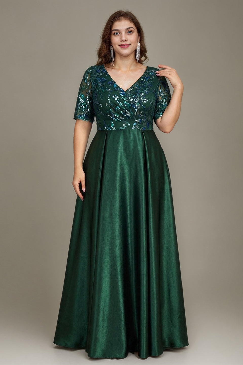 Curveins Plus Size V Neck Sequin Floral Patchwork Elegant Flowy Maxi Dress