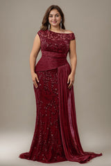 Curveins Plus Size One Shoulder Sleeveless Embroidered Sequin Patchwork Bodycon Maxi Dress