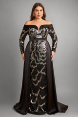 Curveins Plus Size Sparkling Sequin Off Shoulder Long Sleeve Elegant Party Maxi Dress