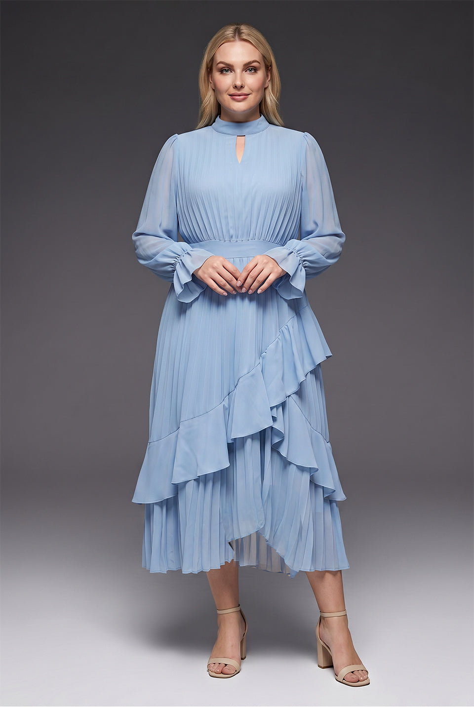 Curveins Plus Size Long Sleeve Ruffle Detail Pleated Asymmetrical Hem Midi Dress