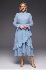 Curveins Plus Size Long Sleeve Ruffle Detail Pleated Asymmetrical Hem Midi Dress