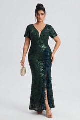 Curveins Plus Size V Neck Short Sleeve Sequin High Slit 3D Flower Bodycon Maxi Dress