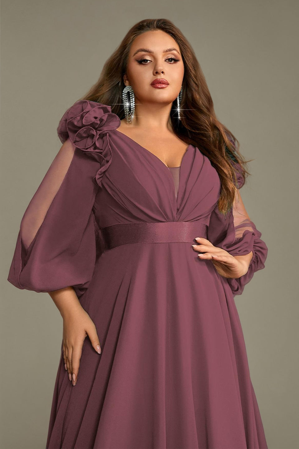 Curveins Plus Size Elegant V-Neck Batwing Sleeve Waist-Hugging Long Dress